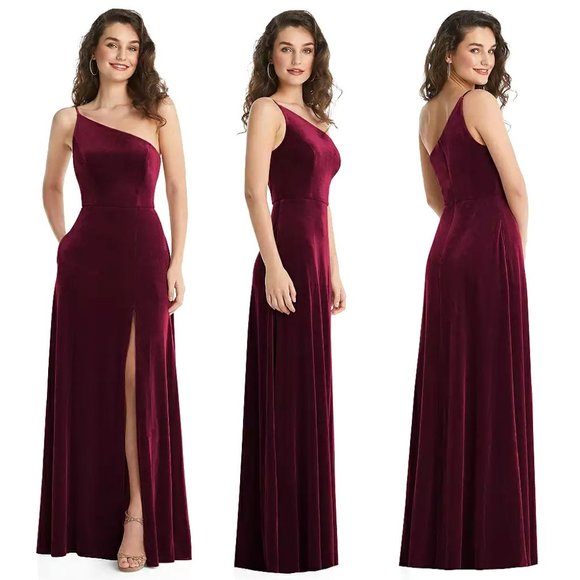 After Six Dresses & Skirts - After Six One-Shoulder Velvet Maxi Dress with Pockets in Cabernet NWT